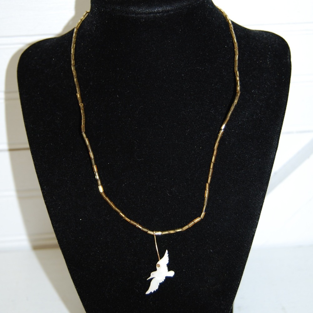 Vintage necklace Y2K gold-tone beads bird shaped shell pendant 17" Boho Unisex